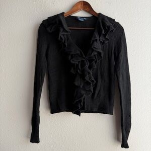 Ralph Lauren Black Cashmere Ruffle V-Neck Cardigan Button Up Sweater Top C